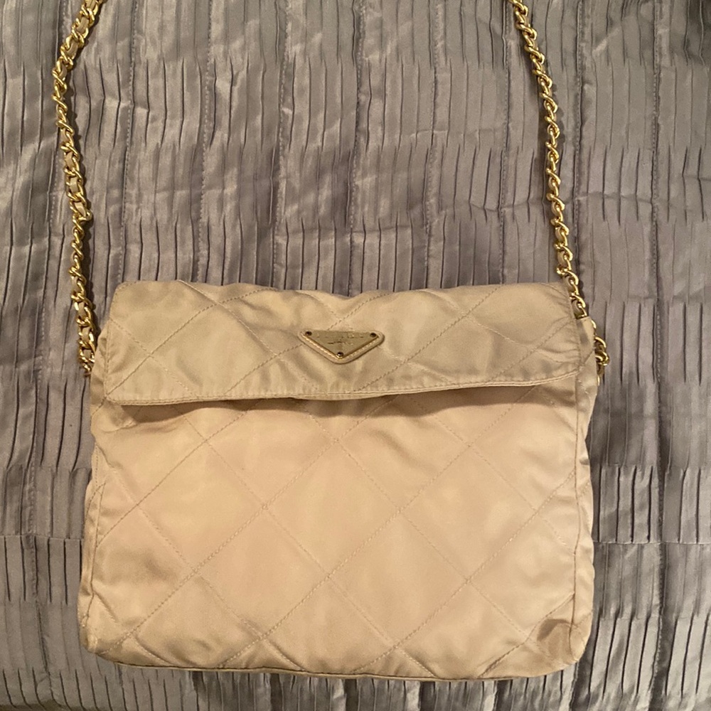 Prada Quilted Nylon Crossbody in Beige with Gold Strap